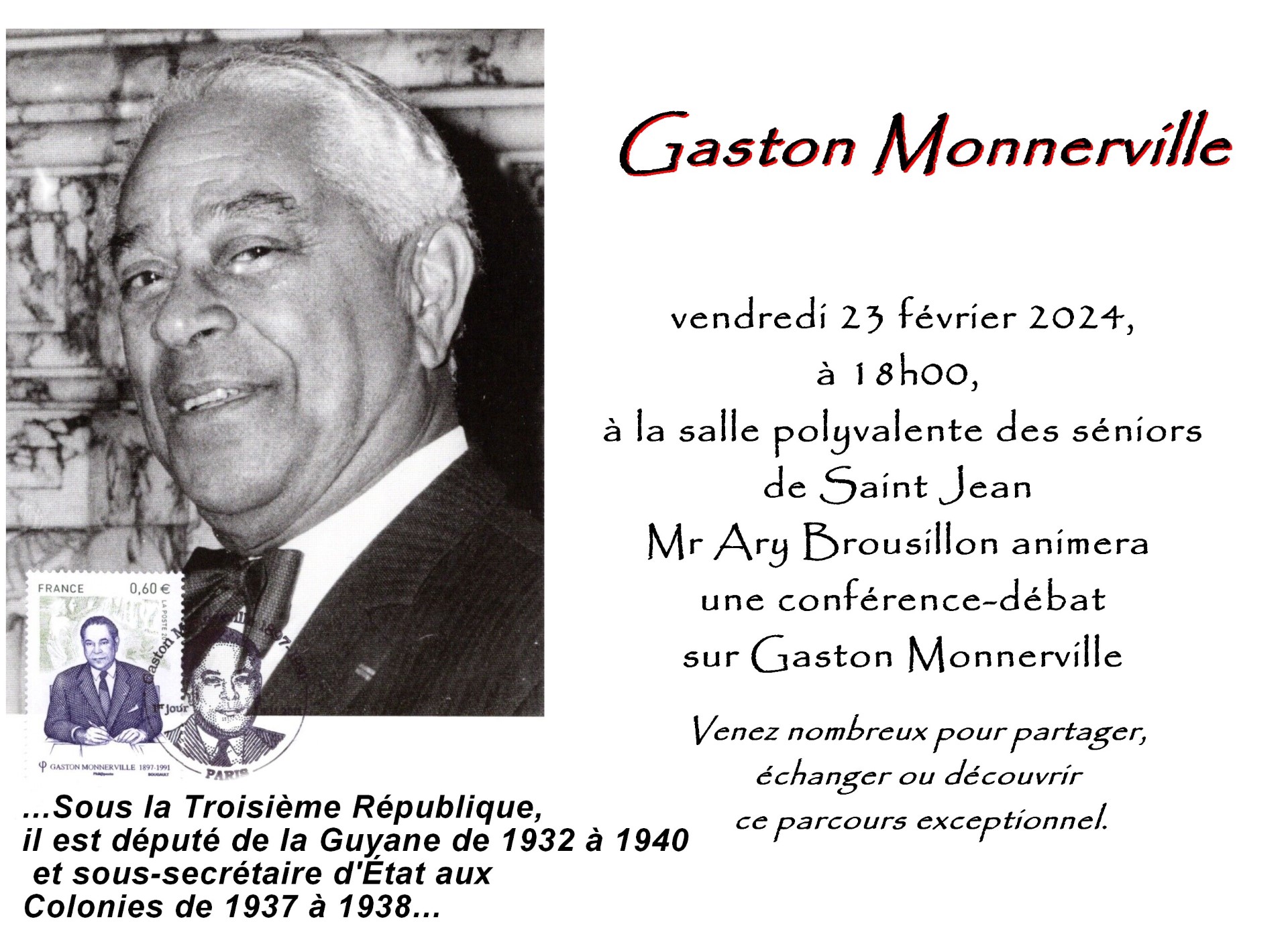 Conférence-débat pour les aînés, à propos de Gaston MONNERVILLE