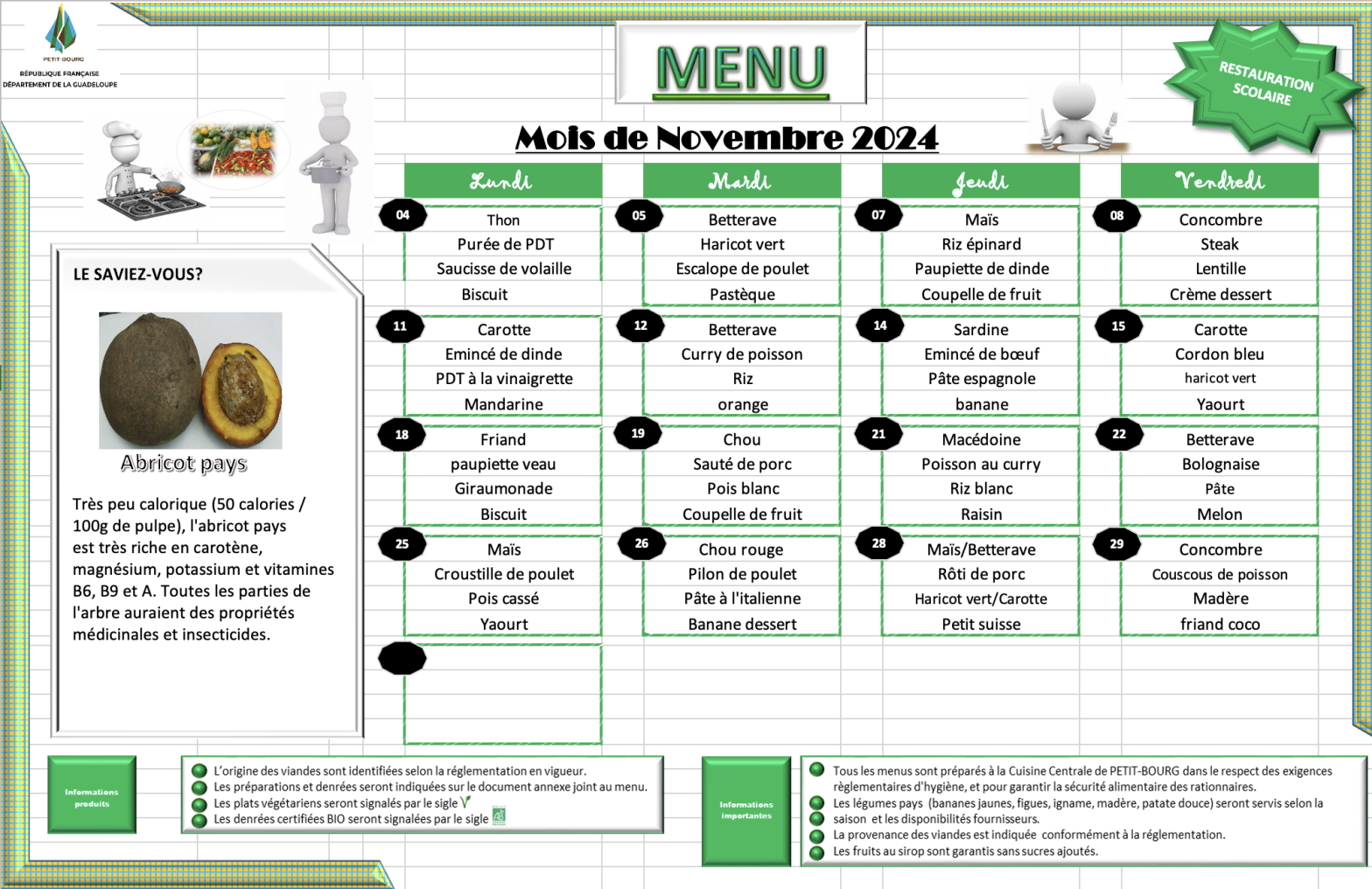 Restauration scolaire Menu novembre 2024 Bienvenue sur le site